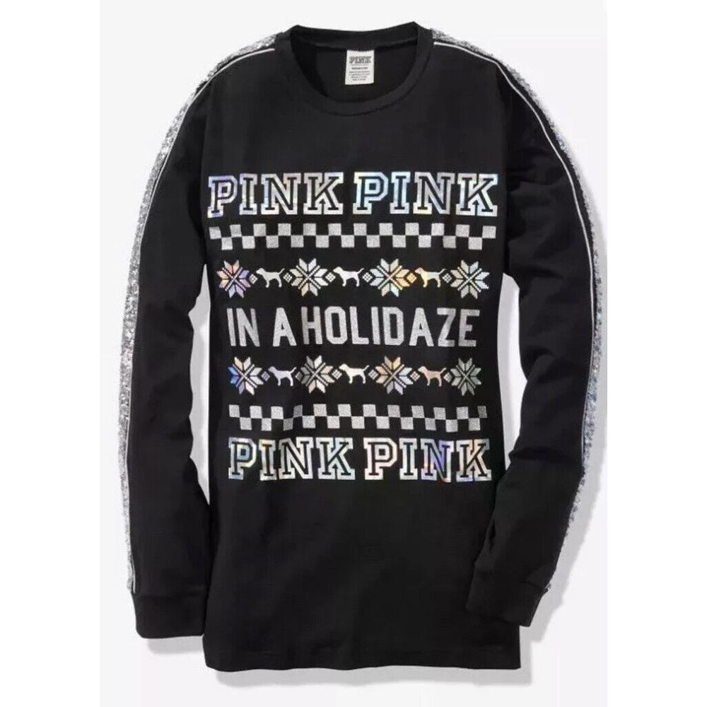 Victoria's Secret PINK Bling Christmas Holidaze Campus Crew Tee Shirt Black Sz M